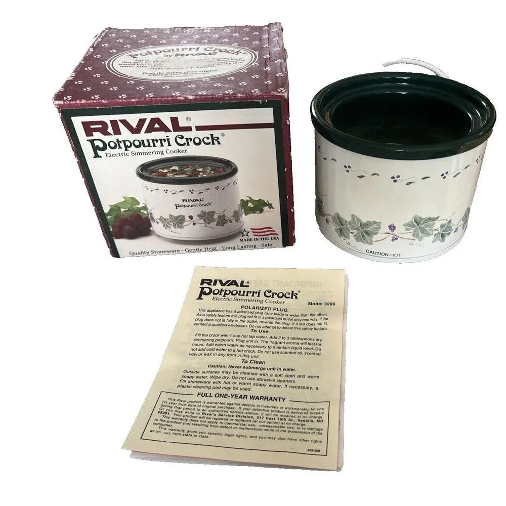 Vintage Rival Potpourri Crock Model 3206 Electric Simmer Pot White Green Ivy